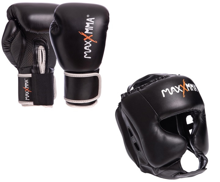 Боксерський набір MaxxMMA Рукавички для боксу GBH01 12уніцій та шолом для боксу MaxxMMA GB01s L-XL чорний, фото 1