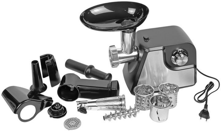 М'ясорубка електрична Grunhelm AMG180SSJ, 1800 Вт, з реверсом, насадками для ковбас, томатів, ягід і терки, чорна, фото 1