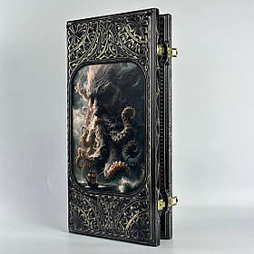 Ексклюзивні нарди ручної роботи "Кракен" зі скляним ігровим полем 58×28×10 см