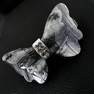 Шпилька автомат для волосся елегантний бантик двоколірний із сірими кристалами довжина 10.5 см висота 5 см