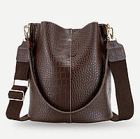 Жіноча сумка мішок під крокодилячу шкіру шоппер крос боді на плече темно - коричневого кольору