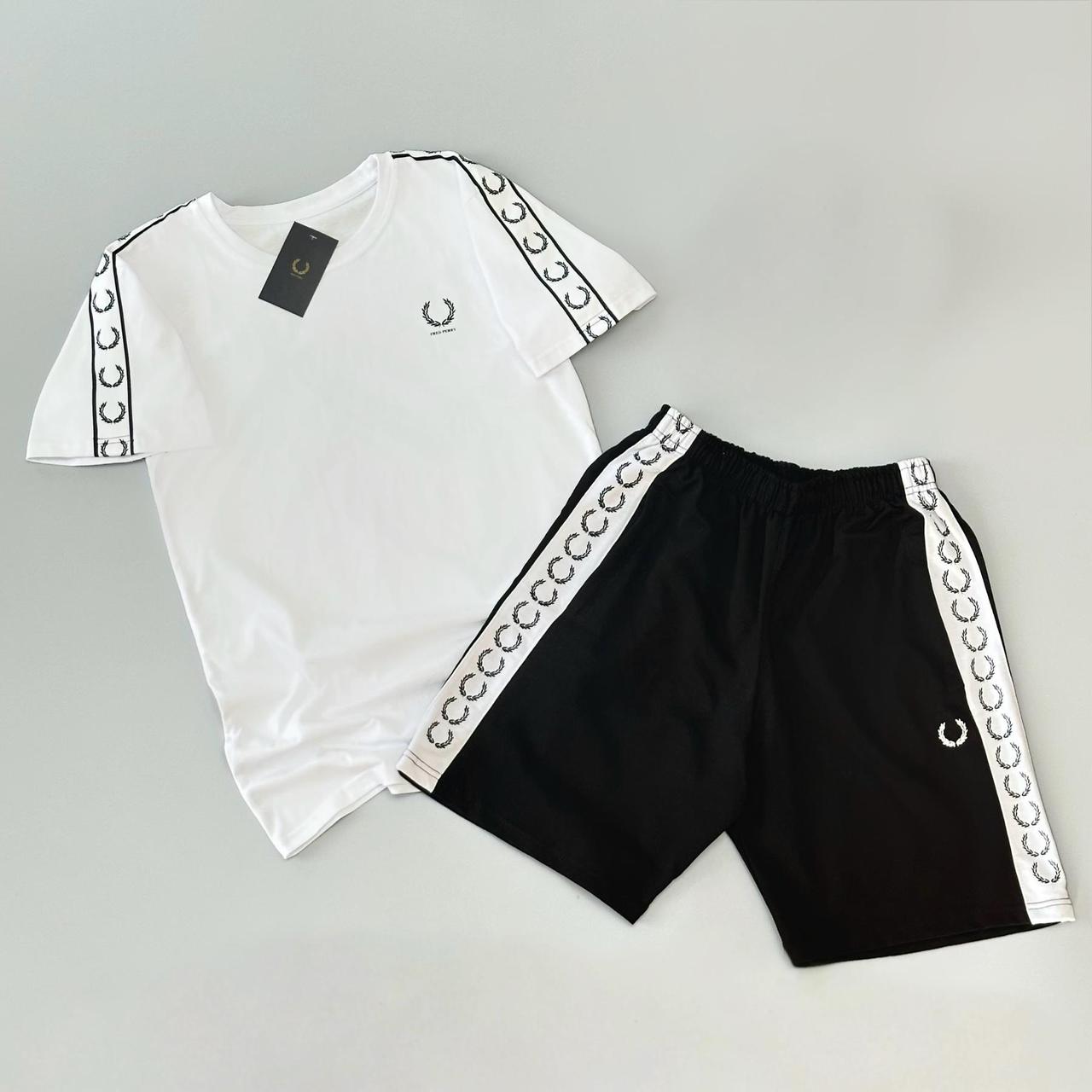 Чоловічий літній костюм Fred Perry Футболка Шорти білий з чорним Комплект Фред Перрі з лампасами, фото 1