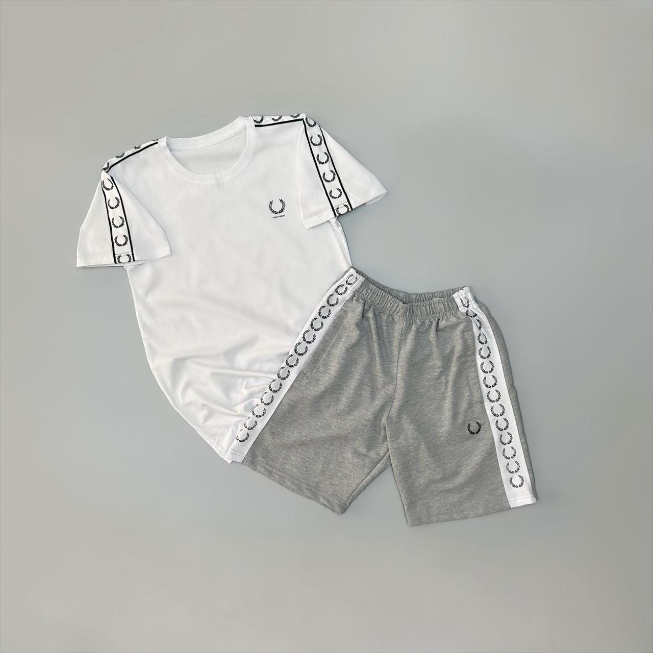 Чоловічий літній костюм Fred Perry Футболка Шорти білий з сірим Комплект Фред Перрі з лампасами, фото 1