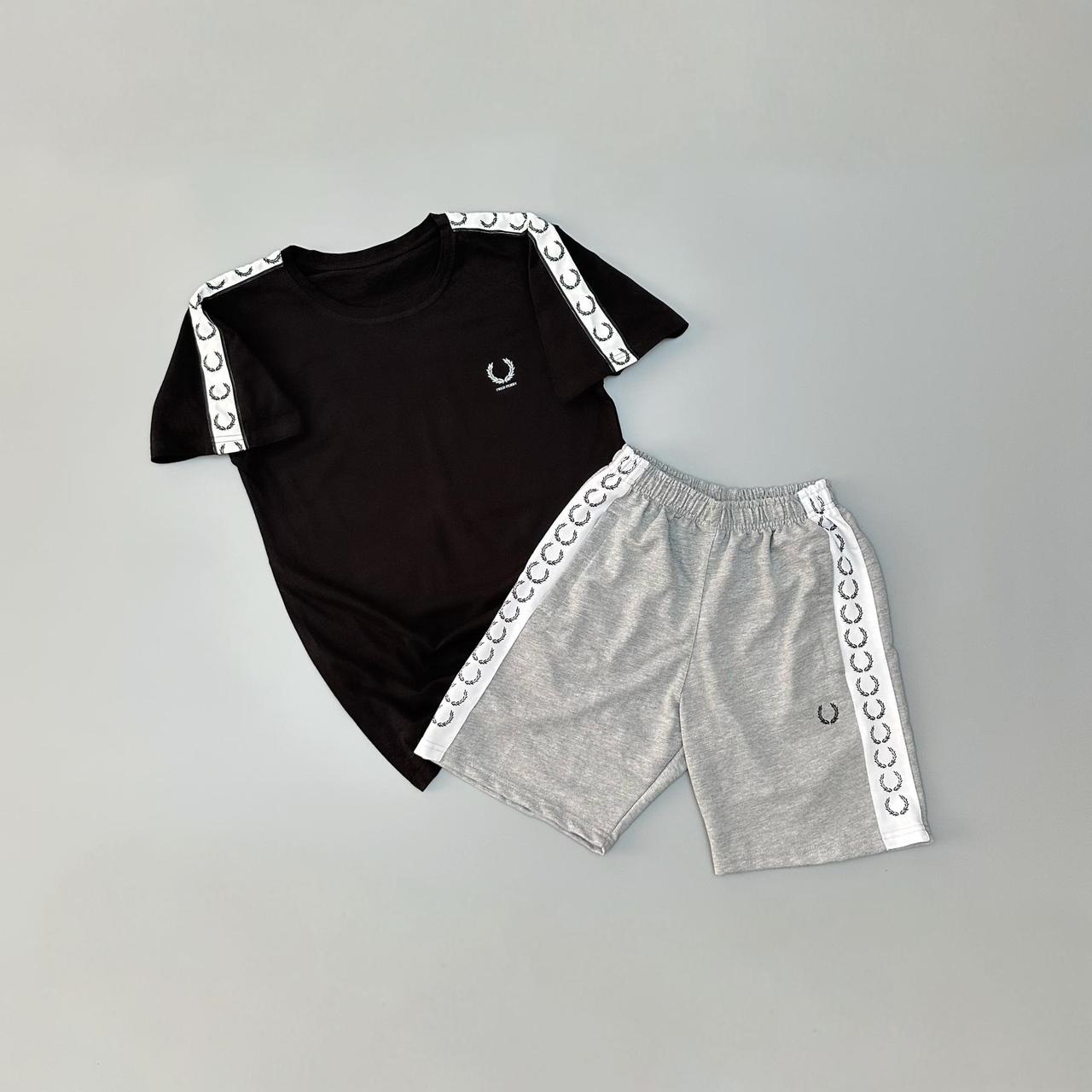 Чоловічий літній костюм Fred Perry Футболка Шорти чорний з сірим Комплект Фред Перрі з лампасами, фото 1