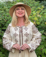Жіноча блуза вишиванка прикрашена геометричним орнаментом хрестиком "Зірка" батал світло-бежева