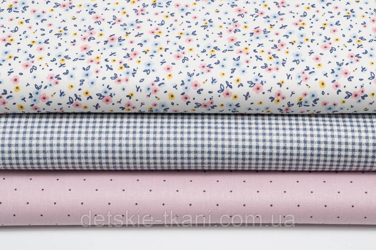 Набір тканин 40*40 см із 3 штук "Рожеві, блакитні та жовті мікроквіточки", фото 1