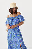 Літня квіткова жіноча сукня з рукавами ліхтариками синя довга сукня з розрізом розмір М, фото 4