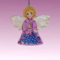 Дерев'яна підвіска "Янгол та сині квіти" 8*8 см., з петриківським розписом, іграшка на ялинку ручної роботи