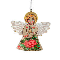 Дерев'яна підвіска "Янгол з калиною" 8*8 см., з петриківським розписом, іграшка на ялинку ручної роботи