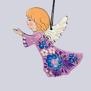 Дерев'яна підвіска "Янгол молиться" 9*7 см., з петриківським розписом, іграшка на ялинку ручної роботи, фото 1