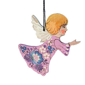 Дерев'яна підвіска "Янгол молиться" 9*7 см., з петриківським розписом, іграшка на ялинку ручної роботи, фото 2