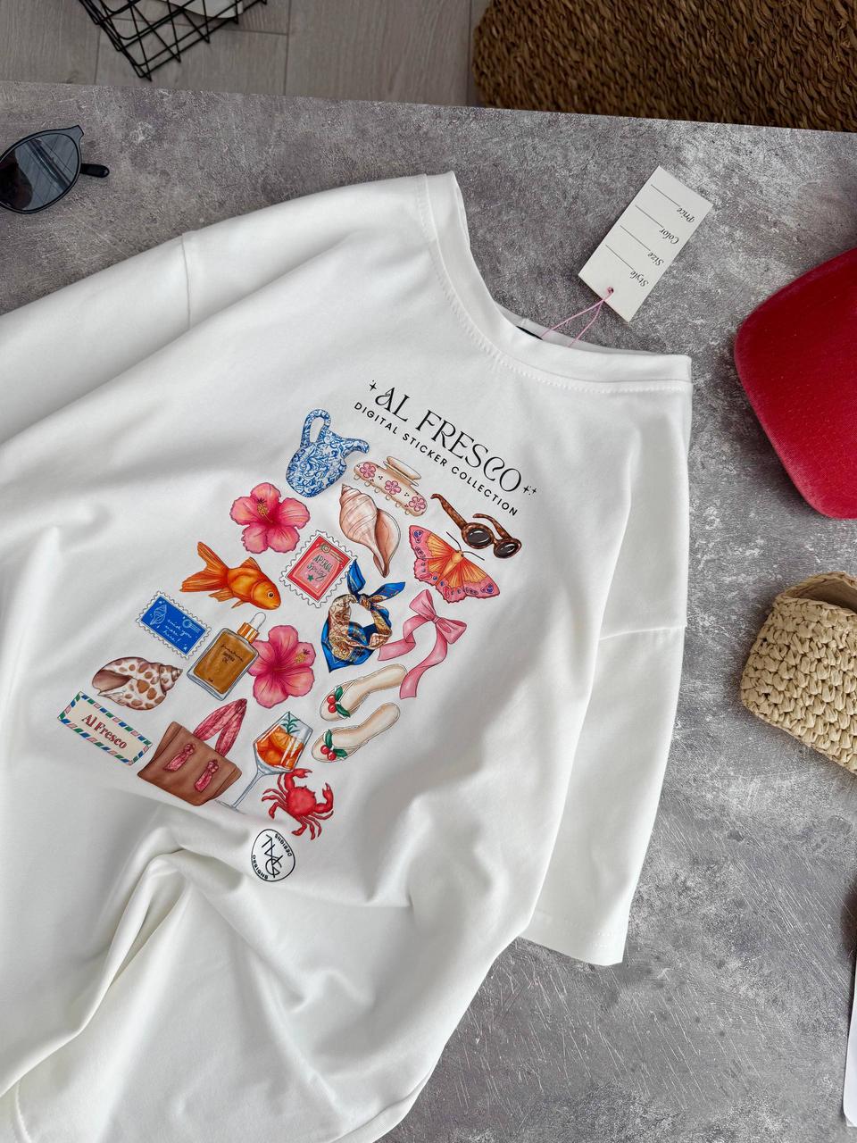 Базова літня жіноча трендова бавовняна вільна подовжена молочна футболка з накатом 42-46 кулір, фото 1