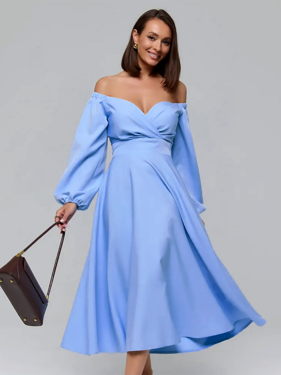 Витончена романтична елегантна вечірня сукня-міді, блакитне, фото 1