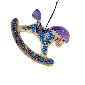 Дерев'яна підвіска "Кінь з фіолетовой гривою" 6,5*9 см., з петриківським розписом, іграшка на ялинку ручної роботи, фото 3