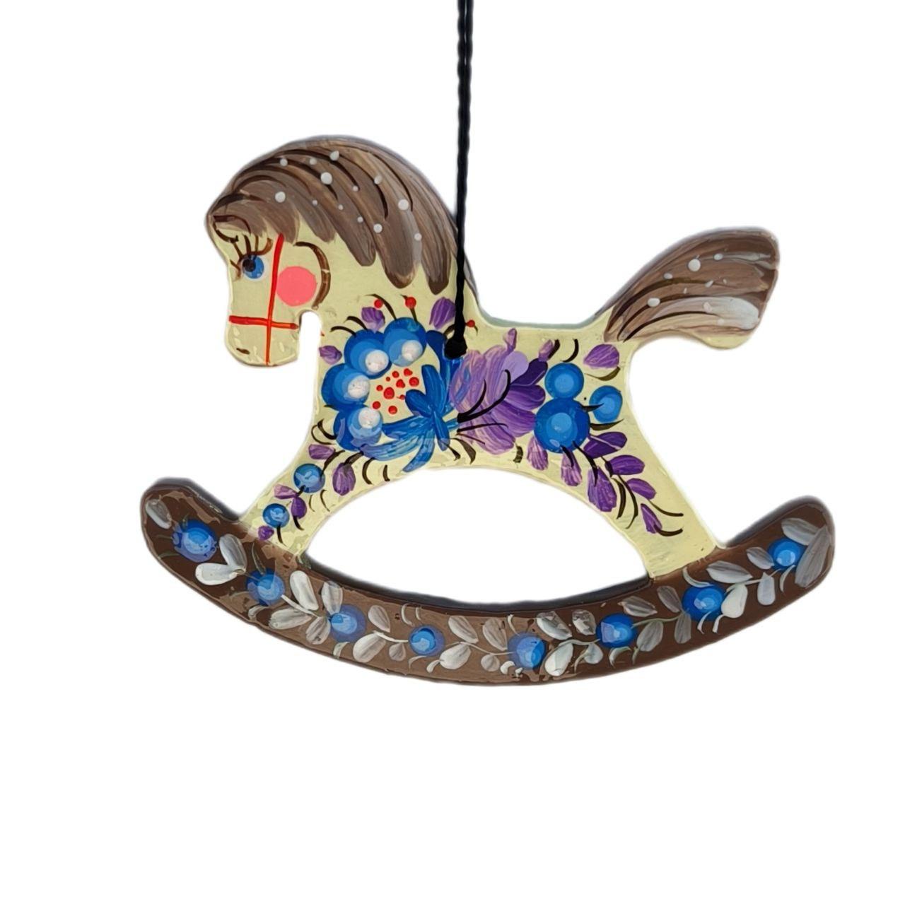 Дерев'яна підвіска "Кінь з сірою гривою" 6,5*9 см., з петриківським розписом, іграшка на ялинку ручної роботи