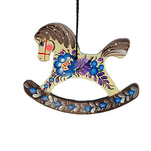 Дерев'яна підвіска "Кінь з сірою гривою" 6,5*9 см., з петриківським розписом, іграшка на ялинку ручної роботи, фото 1