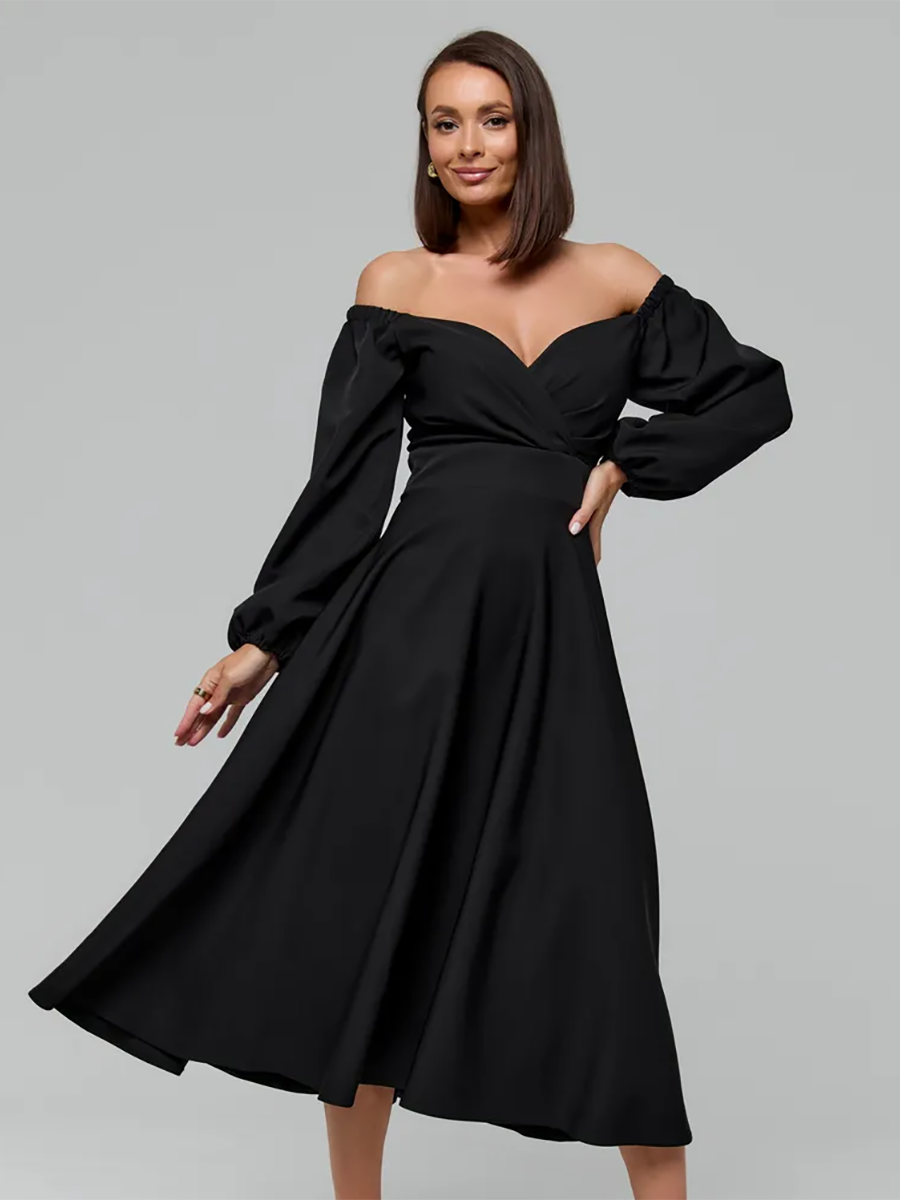 Елегантне класичне вечірнє плаття з відкритим декольте, чорне, фото 1