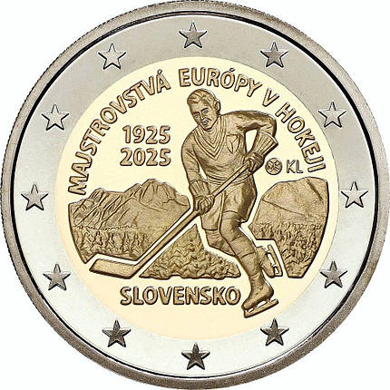 Монета номіналом 2 євро 2025 «Чемпіонат Європи з хокею» Словенія, фото 1