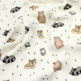 Муслін жатий двошаровий ширина 150 см "Ведмедики, єноти, лисички" на молочному № МЖ-3-117