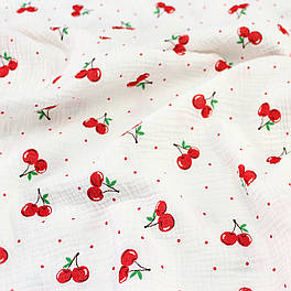 Муслін жатий двошаровий ширина 150 см "Черешні з червоною точкою" на білому № МЖ-3-118