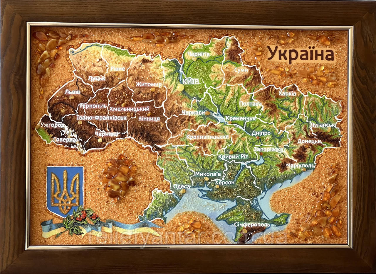 Картина з бурштину "Карта України" 40*60 см , карта України з бурштину, фото 1