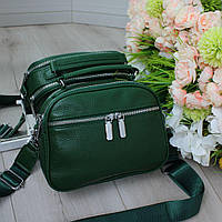 Жіноча шкіряна сумка кросбоді на широкому ремені сумочка зелена натуральна шкіра