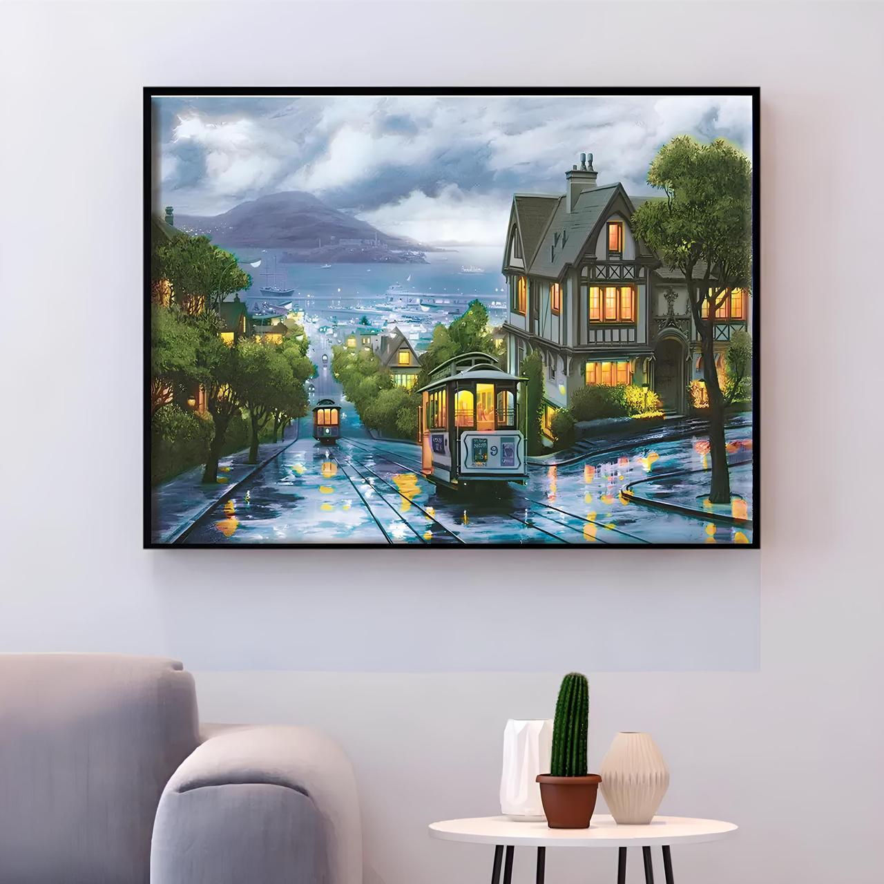 Набір для вишивання хрестиком "Нічний трамвай" 50x40 см, канва 14 ct — комплект для рукоділля з атмосферним міським сюжетом, фото 1