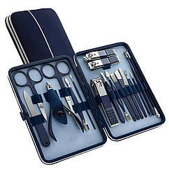 Манікюрно-педикюрний набір RESTEQ з інструментами для догляду за обличчям — 18 предметів у стильному синьому футлярі