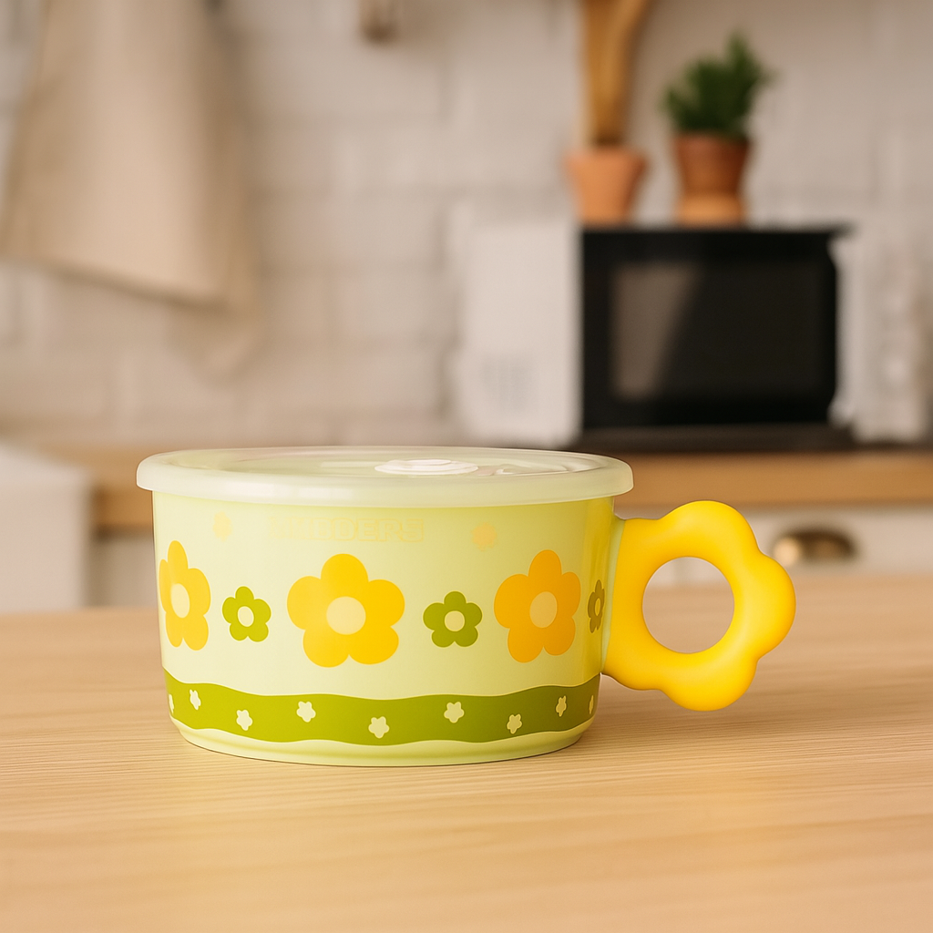 Чашка керамічна 750 (мл) з пластиковою кришкою бульйонниця супниця, миска для локшини Ø 13 (см) Зелена Lugi, фото 1