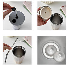 Склянка із нержавіючої ставлі з кришкою, трубочкою та 3D наклейками Tyeso TS-8848B 600 мл, сіра, фото 4