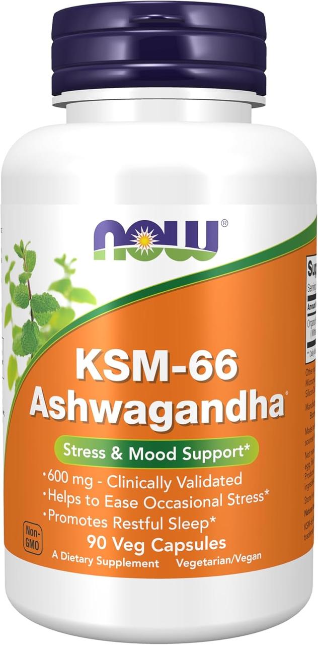 NOW Foods KSM-66 Ashwagandha® 600 мг 90 вегетарианських капсул, фото 1