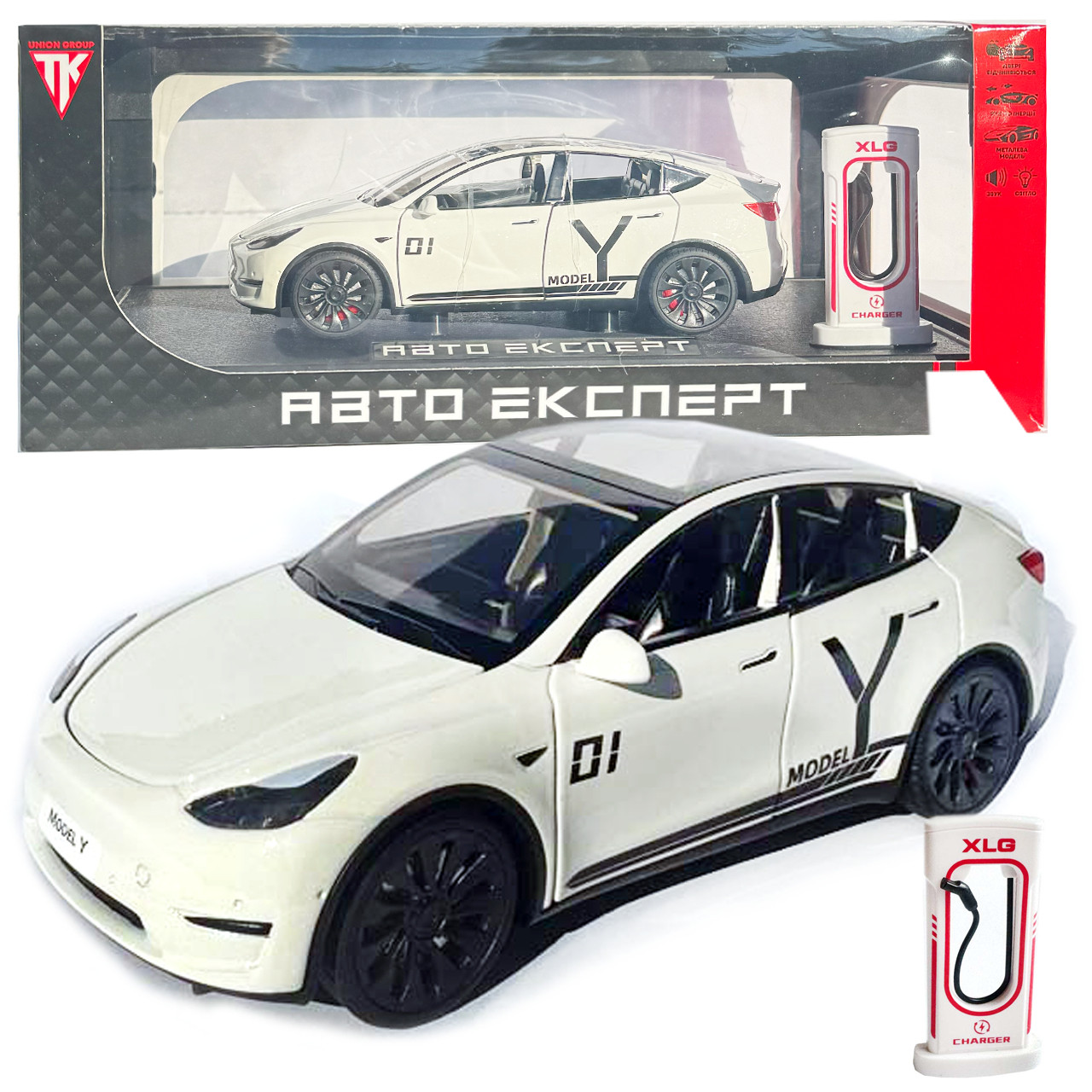 Машинка метал Tesla model Y електрокар біла Тесла 1:24 відкр двері баг капот звук світло 19*6,5*8,5см (EL 81244), фото 1