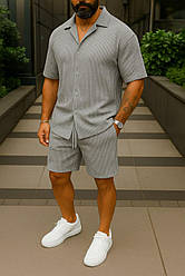Чоловічий літній костюм  — сорочка та шорти в рубчик, сірий