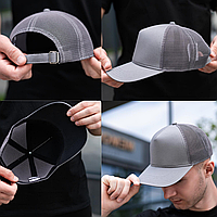 Кепка мужская бейсболка тракер с сеткой коттоновая с регулятором размера универсальная без лого серая Pobedov