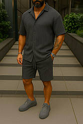 Чоловічий літній костюм  — сорочка та шорти в рубчик, графіт
