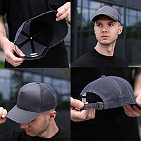 Кепка мужская бейсболка тракер с сеткой коттоновая с регулятором размера универсальная без лого антрацит