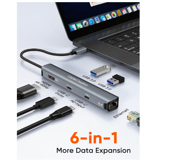 CableCreation 6-в-1 USB-C концентратор/багатопортовий адаптер з 4K 60HZ HDMI, портом передачі даних USB C, Ethernet, 100W, фото 1