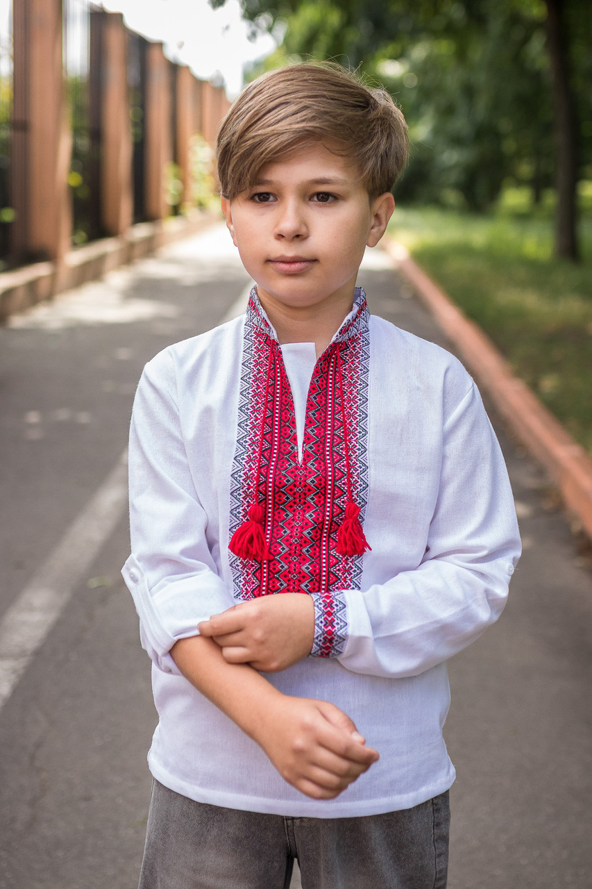 Вишиванка для хлопчика 6-13 років, льон, рукав трансформер,,140, Білий із червоним, фото 1