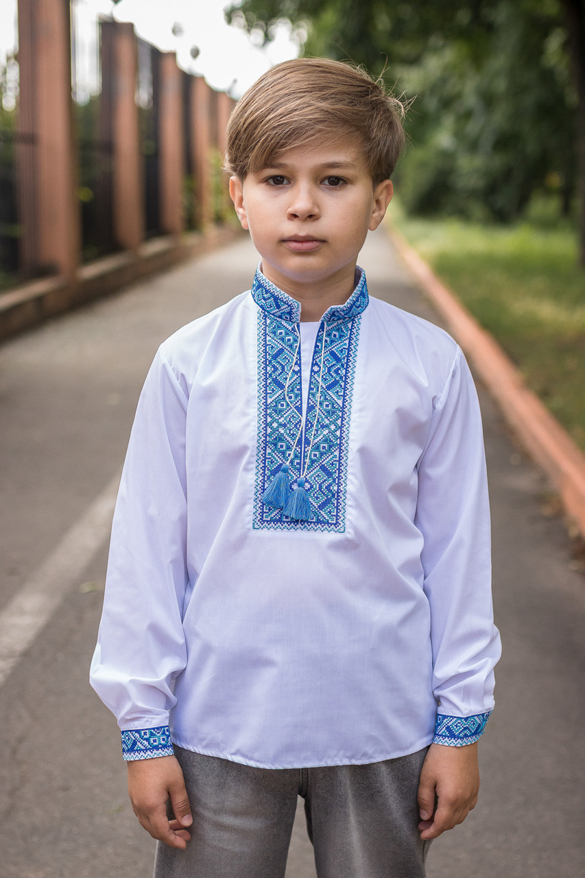 Вишита сорочка для хлопчика 5–12 років, батист, біла, довгий рукав, натуральна вишивка, 140,Білий