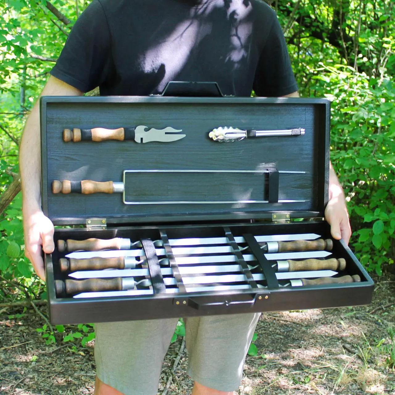 Набір шампурів у дерев'яному кейсі "ЕКОНОМ" Шашличний набір у кейсі подарунковий для гриля й барбекю, фото 1