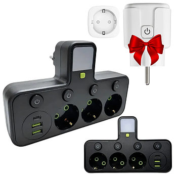 Мережевий фільтр 2500Вт, (2хUSB+Type-C) HG-276 + Подарунок Розумна WiFi розетка 20А / Розгалужувач у розетку
