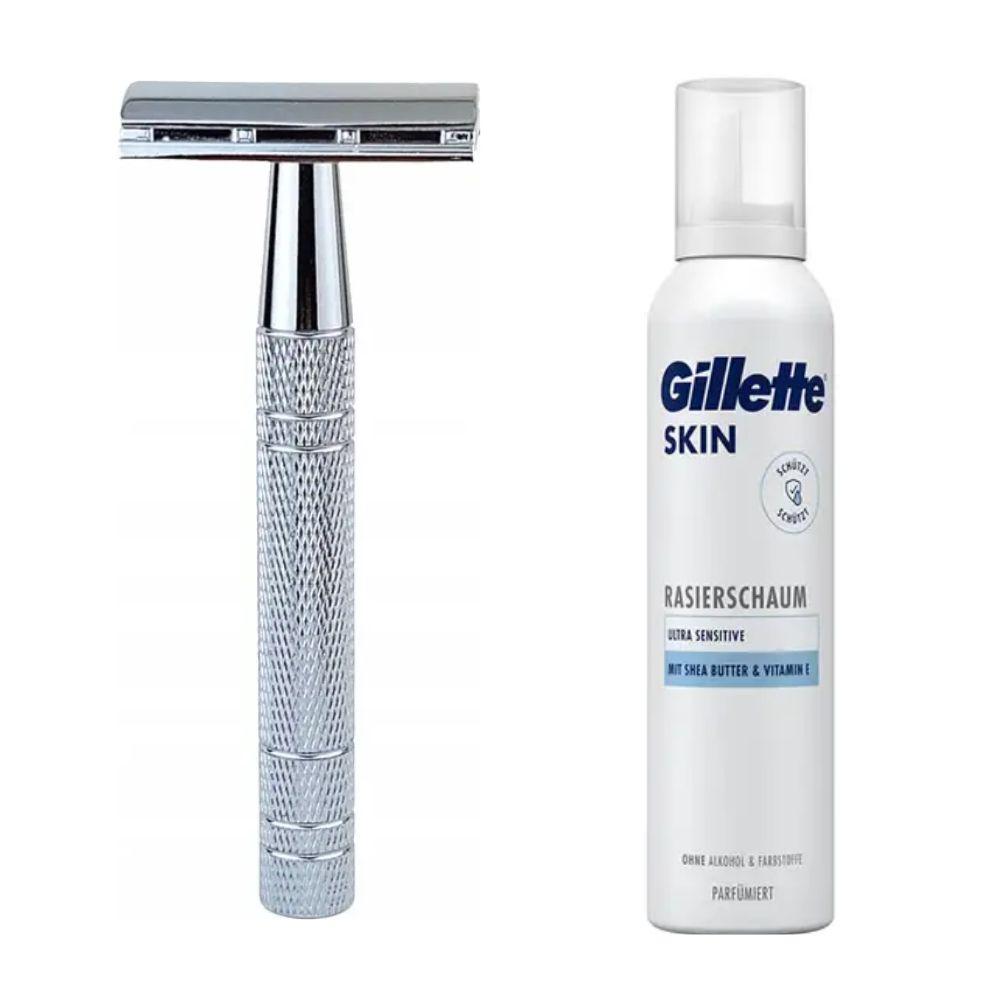 Класична Т-подібна бритва+10 лез + піна для гоління Gillette Skin Ultra Sensitive для надчутливої шкіри, фото 1