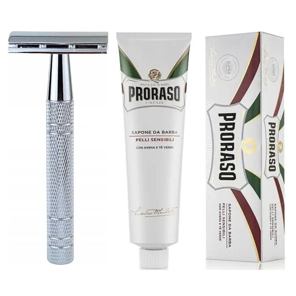 Класична Т-подібна бритва+10 лез + крем для гоління Proraso для чутливої шкіри з екстрактом зеленого чаю та вівса 150 мл, фото 1