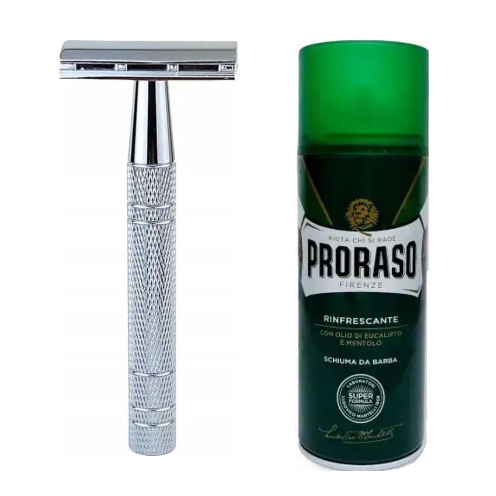 Класична Т-подібна бритва+10 лез + піна для гоління Proraso тонізуюча з евкаліптом і ментолом 400 мл, фото 1
