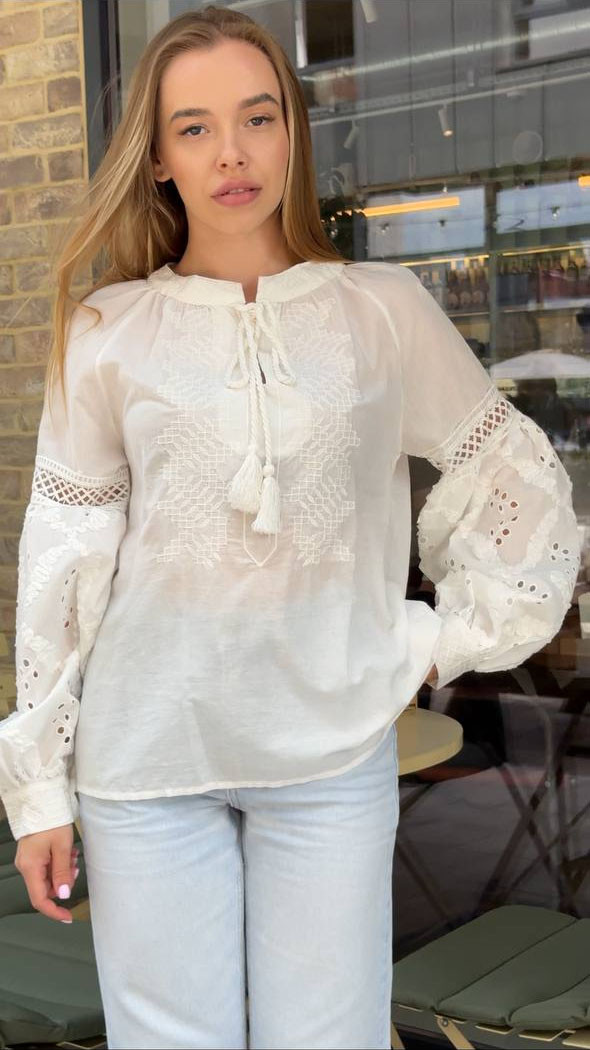 Жіноча вишиванка ESQ молочна з вишивкою в тон і мереживом, фото 1