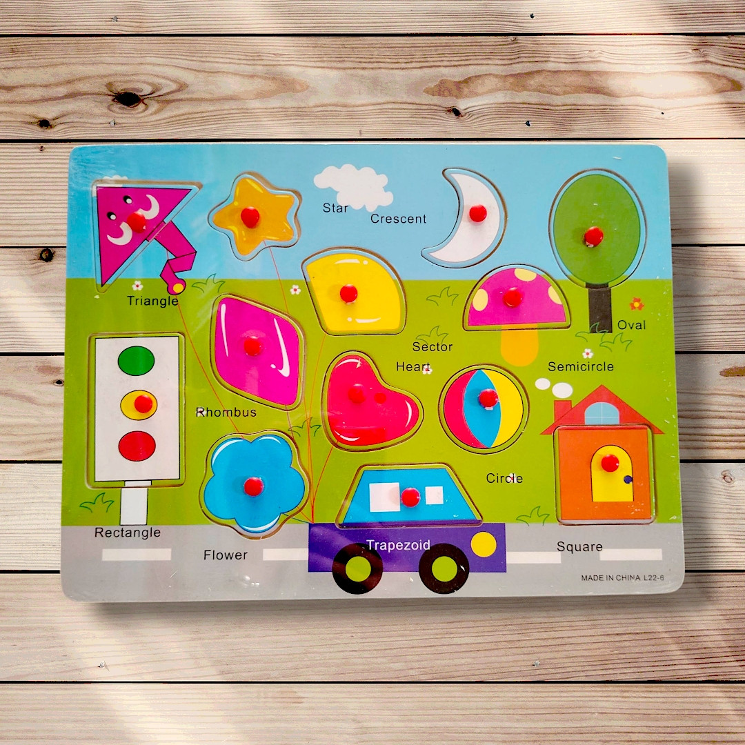 Гра для дітей від 3 років Дерев'яний пазл-іграшка Геометричні фігури англійською, фото 1