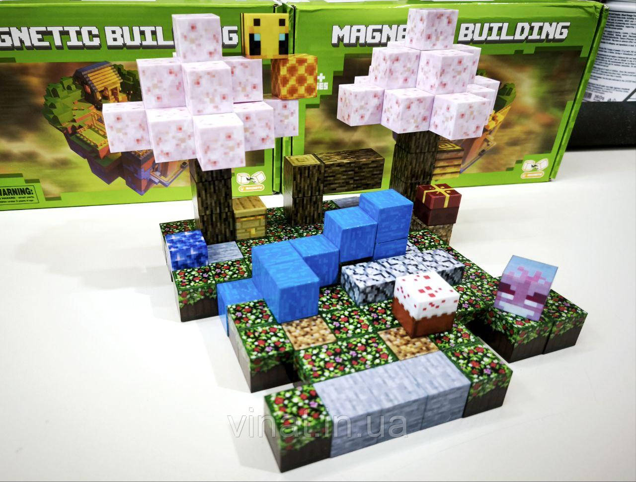 Магнітний конструктор Minecraft Вечірка під сакурою 128шт + 4 фігурки Майнкрафт Дитячий конструктор на магнітах