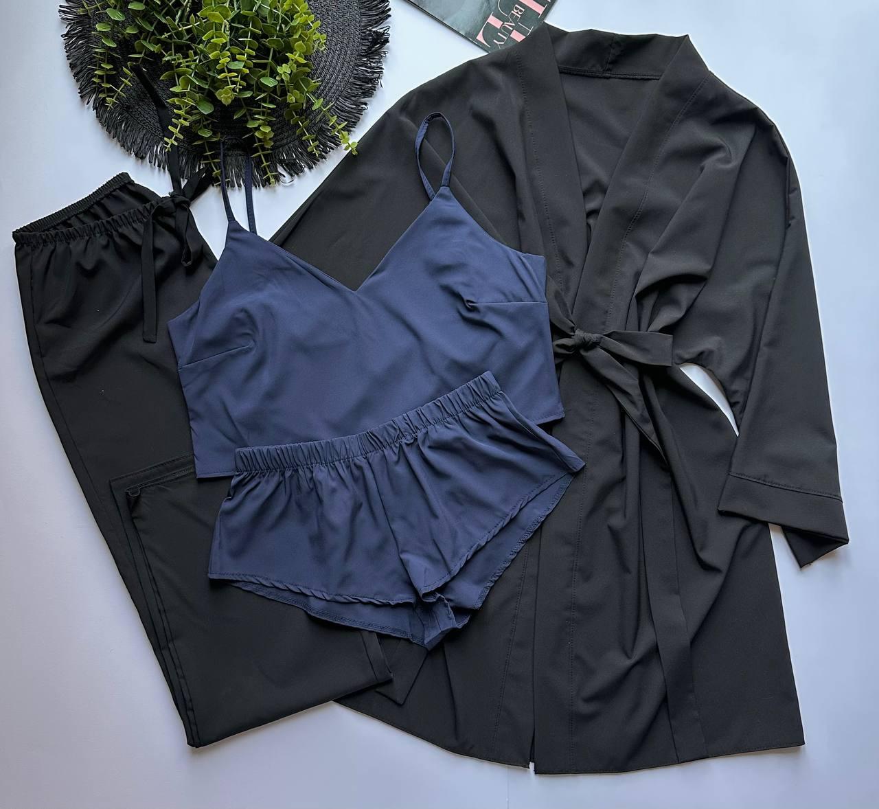 Пижамный комплект, халат-топ-шорты-штаны.