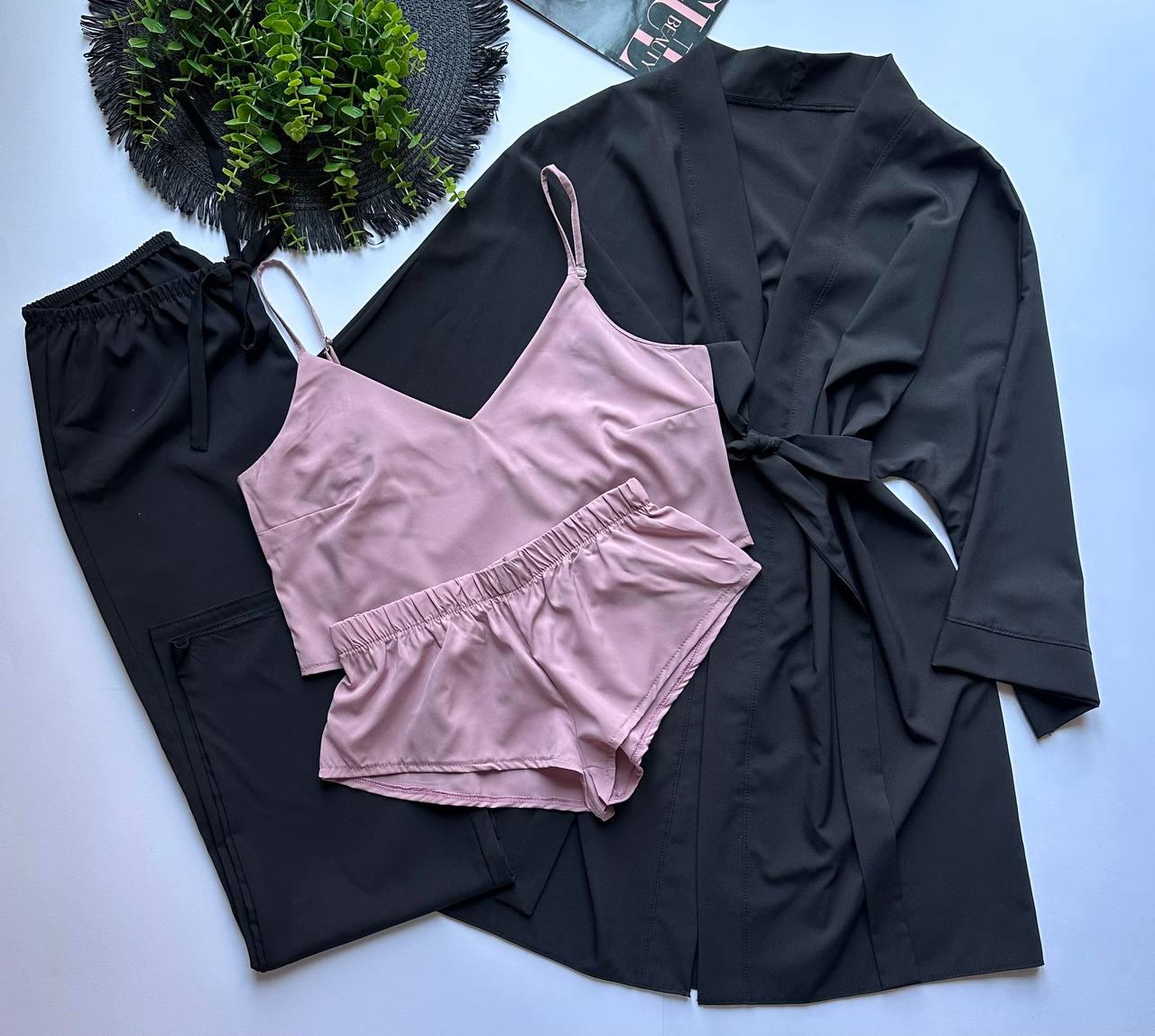 Пижамный комплект, халат-топ-шорты-штаны.