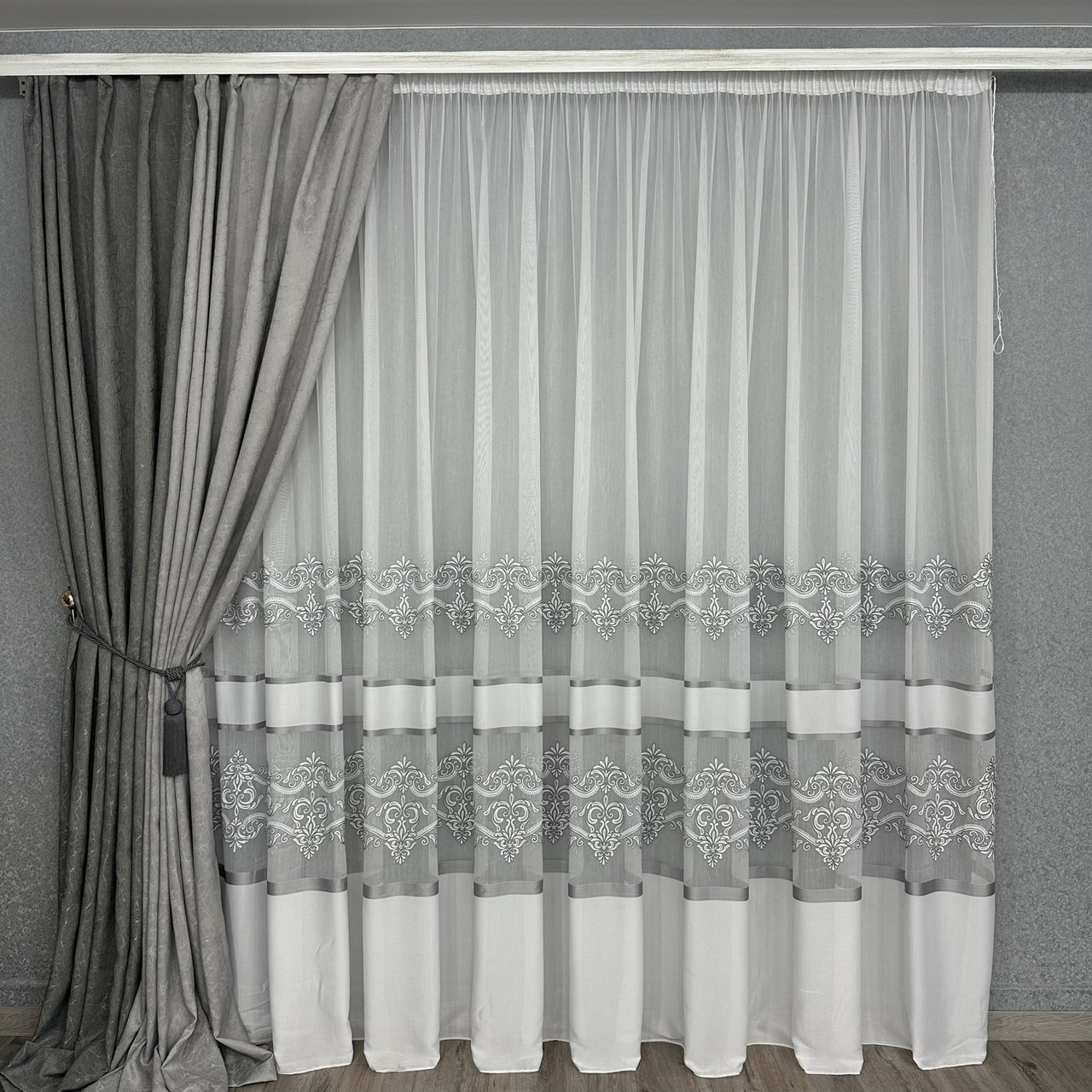 Тюль бамбук з вишивкою Keten 8011 сірий на відріз
